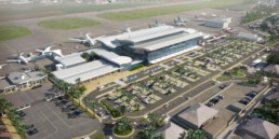 Visuel 3D aérien en axonométrie de l'aéroport