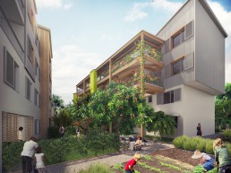 Rendu 3D réaliste des jardins partagés des logements sociaux