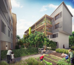 Rendu 3D réaliste des jardins partagés des logements sociaux